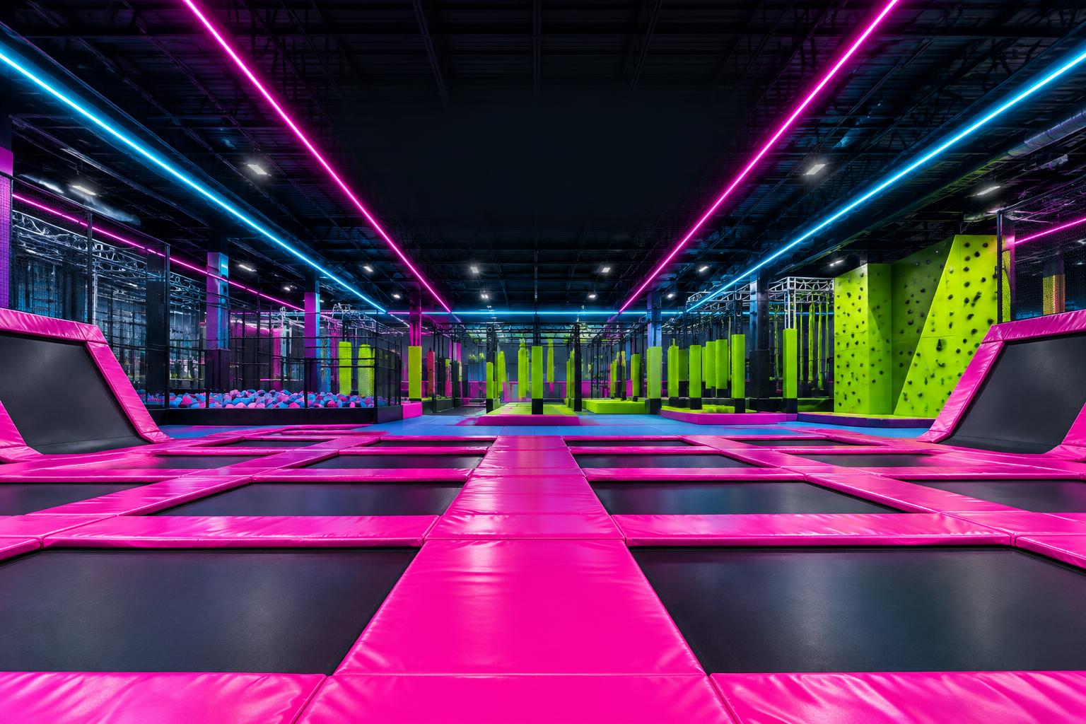Empty trampoline adventure park illuminated with pink and cyan lights